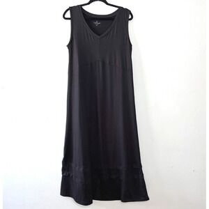 Cuddle Duds Sleeveless Maxi Dress M Black V-Neck Tiered Hem Soft‎ Stretch Daily